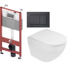 Zestaw Oltens Hamnes miska WC wisząca z deską wolnoopadającą i stelaż podtynkowy Tece Base z przyciskiem Now biały/czarny mat (9400407, 42013000, 45109000, 9240407)