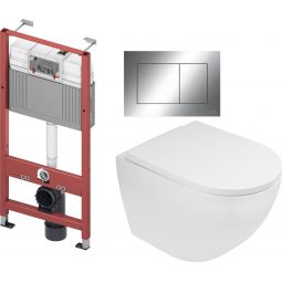 Zestaw Oltens Hamnes miska WC wisząca z deską wolnoopadającą i stelaż podtynkowy Tece Base z przyciskiem Now biały/chrom błyszczący (9400407, 42013000, 45109000, 9240401)