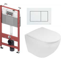 Zestaw Oltens Hamnes miska WC wisząca z deską wolnoopadającą i stelaż podtynkowy Tece Base z przyciskiem Now biały (9400407, 42513000, 45109000, 9240400)