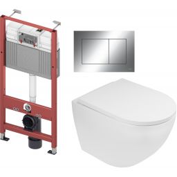 Zestaw Oltens Hamnes miska WC wisząca z deską wolnoopadającą i stelaż podtynkowy Tece Base z przyciskiem Now biały/chrom błyszczący (9400407, 42513000, 45109000, 9240401)