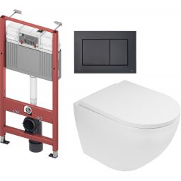 Zestaw Oltens Hamnes miska WC wisząca z deską wolnoopadającą i stelaż podtynkowy Tece Base z przyciskiem Now biały/czarny mat (9400407, 42513000, 45109000, 9240407)
