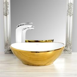 Rea Sofia Gold umywalka 41x34,5 cm nablatowa owalna biała/złota REA-U0456