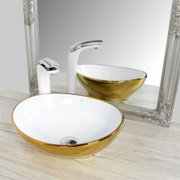 Rea Sofia Gold umywalka 41x34,5 cm nablatowa owalna biała/złota REA-U0456
