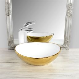 Rea Sofia Gold umywalka 41x34,5 cm nablatowa owalna biała/złota REA-U0456