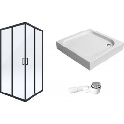 Zestaw Deante Funkia kabina prysznicowa 90 cm kwadratowa z brodzikiem Corner i syfonem czarny/szkło przezroczyste (KYCN41K, KTC041B, NHC025C)