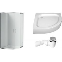 Zestaw Deante Funkia kabina prysznicowa 90 cm półokrągła z brodzikiem Standard New i syfonem chrom/szkło przezroczyste (KYP051K, KTA053B, NHC025C)