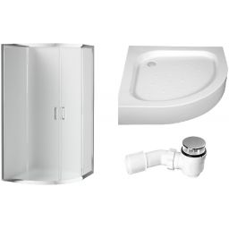 Zestaw Deante Funkia kabina prysznicowa 90 cm półokrągła z brodzikiem Standard New i syfonem chrom/szkło szronione (KYP651K, KTA053B, NHC025C)