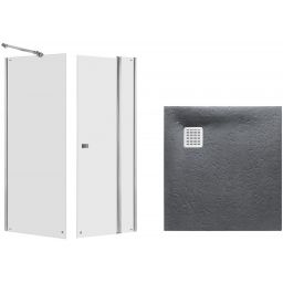 Zestaw Roca Capital kabina prysznicowa 90x90 cm kwadratowa MaxiClean z brodzikiem Terran szary łupek (AM4609012M, AM4409012M, AP10338438401200)