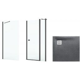 Zestaw Roca Capital kabina prysznicowa 90x90 cm kwadratowa MaxiClean z brodzikiem Terran szary łupek (AM4609016M, AM4409016M, AP10338438401200)