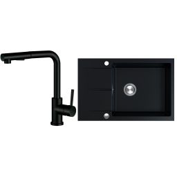 Berg Hobart zlewozmywak granitowy 78x50 cm z baterią kuchenną Porta czarny bazalt/czarny mat (BRQ1911AXL, 130231PH)