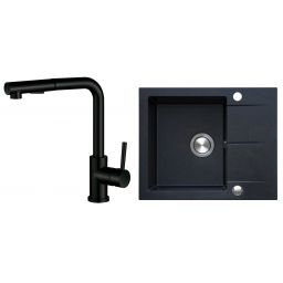 Berg Hobart zlewozmywak granitowy 59x50 cm z baterią kuchenną Porta onyx/czarny mat (BRQ1411A, 130231PH)