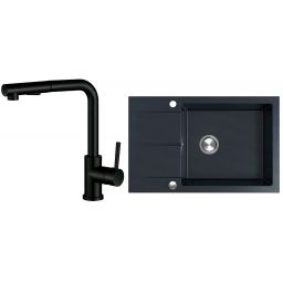 Berg Hobart zlewozmywak granitowy 78x50 cm z baterią kuchenną Porta onyx/czarny mat (BRQ1411AXL, 130231PH)