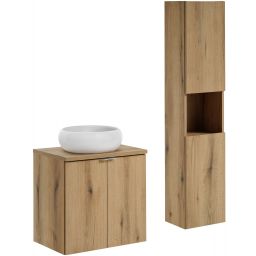 Zestaw Comad Nova Oak szafka z blatem 60 cm wisząca dąb i umywalka Wiki 36x36 cm biała z szafką boczną wysoką SET-NOA B OAK 60CM D UN WIKI SW HC