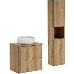 Zestaw Comad Nova Oak szafka z blatem 60 cm wisząca i umywalka Wiki 36x36 cm biała z szafką boczną wysoką dąb SET-NOA B OAK 60CM S UN WIKI SW HC