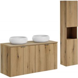 Zestaw Comad Nova Oak szafki 60 cm i 60 cm z blatem meblowym 120 cm, dwie umywalki Wiki 36x36 cm białe i szafka boczna wysoka dąb SET-NOA B OAK 120CM D UN WIKI SW HC