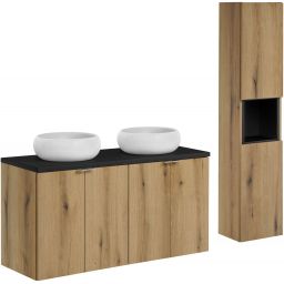 Zestaw Comad Nova Oak/Black szafki 60 cm i 60 cm z blatem meblowym 120 cm dąb/czarny, dwie umywalki Wiki 36x36 cm białe i szafka boczna wysoka z regałem SET-NOA B BLACK 120CM D UN WIKI SW HC