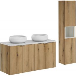 Zestaw Comad Nova Oak/White szafki 60 cm i 60 cm z blatem meblowym 120 cm, dwie umywalki Wiki 36x36 cm i szafka boczna wysoka dąb/biały SET-NOA B WHITE 120CM D UN WIKI SW HC