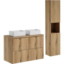 Zestaw Comad Nova Oak szafki 50 cm i 50 cm z blatem meblowym 100 cm dąb, dwie umywalki Gaja 35x22 cm białe i szafka boczna wysoka SET-NOA B OAK 100CM S UN GAJA SW HC