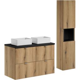 Zestaw Comad Nova Oak/Black szafki 50 cm i 50 cm z blatem meblowym 100 cm dąb/czarny i dwie umywalki Gaja 35x22 cm białe z szafką boczną wysoką i regałem SET-NOA B BLACK 100CM S UN GAJA SW HC