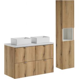 Zestaw Comad Nova Oak szafka podumywalkowa 100 cm dąb z blatem białym, umywalkami i szafką wysoką SET-NOA B WHITE 100CM S UN GAJA SW HC