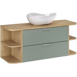 Zestaw Comad Aster Green szafka 80 cm podumywalkowa wisząca z blatem 120 cm, dwoma regałami 20 cm otwartymi i umywalką zielony/dąb SET-ASG B CREMONA 120CM LRSM UN CLOUD