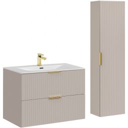 Zestaw Comad Adel Cashmere szafka 80 cm podumywalkowa wisząca z umywalką meblową Sky białą i szafka wysoka 140 cm boczna kaszmir SET-ADC 80CM SKY HIGH CABINET