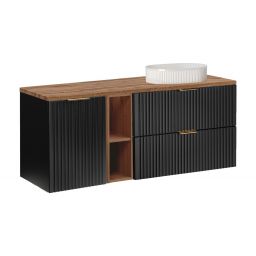 Zestaw Comad Adel Black szafki 60 cm, 40 cm i 20 cm wiszące czarny mat z blatem meblowym 140 cm dąb i umywalka nablatowa Beyond 56x36 cm biała SET-ADB B WOTAN 140CM UN BEYOND 3 WH LB