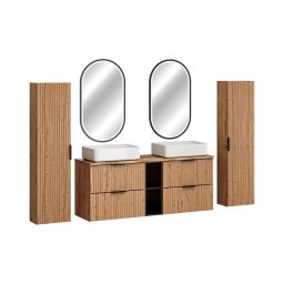 Zestaw Comad Adel Oak dwie szafki 60 cm podumywalkowe wiszące z blatem 120 cm, umywalki Magic 2 i dwie szafki boczne wysokie z lustrami dąb/czarny/biały SET-ADO B NAT WOTAN 140CM UN MAGIC HC