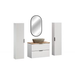 Zestaw Comad Adel White szafka 80 cm podumywalkowa wisząca z blatem i umywalką Anna, dwie szafki wysokie boczne i lustro biały/dąb/beż  SET-ADW B NAT WOTAN 80CM UN ANNA HC