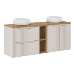 Zestaw Comad Nova Cashmere szafki 60 cm, 60 cm i 20 cm z blatem meblowym 140 cm kaszmir/dąb i dwie umywalki Wiki 36x36 cm białe SET-NOC B OAK 140CM UN WIKI WH LR