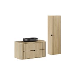 Zestaw Comad Ovalia Cremona szafka z blatem 100 cm wisząca dąb i umywalką nablatową River 55x35 cm czarny mat, z szafką boczną wysoką SET-OVC B CREMONA 100CM UN RIVER BM HC