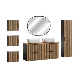 Zestaw Comad Xilo dwie szafki 60 cm podumywalkowe wiszące z blatem 120 cm, umywalki Smile, szafki boczne wysoka i niskie z lustrem czarny/dąb/biały SET-XIL B NAT WOTAN 120CM UN SMILE HC