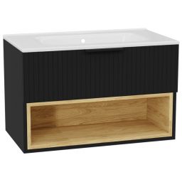 Zestaw Excellent Tuto 2.0 szafka 80 cm podumywalkowa wisząca z umywalką Pik czarny-dąb/biały MLEX.2171.K.80.0365.BKBK