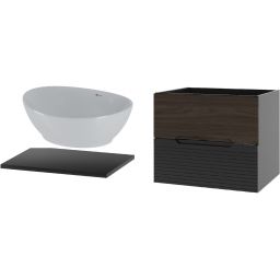 Zestaw Megstyl Avella szafka 60x45,8x50 cm podumywalkowa wisząca czarna-orzech z blatem czarnym i umywalka biała (3192, 2033, 2516)