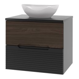 Zestaw Megstyl Avella szafka 60x45,8x50 cm podumywalkowa wisząca czarna-orzech z blatem czarnym i umywalka biała (3192, 2033, 2516)