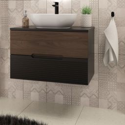 Zestaw Megstyl Avella szafka 80x45,8x50 cm podumywalkowa wisząca czarna-orzech z blatem czarnymi umywalka biała (3192, 2040, 2586)