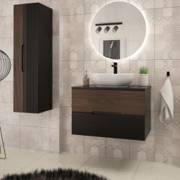 Zestaw Megstyl Avella szafka 80x45,8x50 cm podumywalkowa wisząca czarna-orzech z blatem umywalka biała i szafka 34,5x31,8x130 cm boczna wisząca czarna-orzech (2425, 3192, 2040, 2586)
