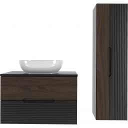 Zestaw Megstyl Avella szafka 60x45,8x50 cm podumywalkowa wisząca czarna-orzech z blatem umywalka biała i szafka 34,5x31,8x130 cm boczna wisząca czarna-orzech (2425, 3192, 2033, 2516)