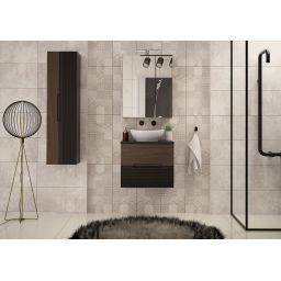 Zestaw Megstyl Avella szafka 60x45,8x50 cm podumywalkowa wisząca czarna-orzech z blatem umywalka biała i szafka 34,5x31,8x130 cm boczna wisząca czarna-orzech (2425, 3192, 2033, 2516)