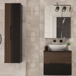 Zestaw Megstyl Avella szafka 60x45,8x50 cm podumywalkowa wisząca czarna-orzech z blatem umywalka biała i szafka 34,5x31,8x130 cm boczna wisząca czarna-orzech (2425, 3192, 2033, 2516)
