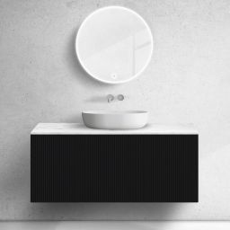 Zestaw Oltens Lun szafka podumywalkowa 120 cm wisząca z blatem Tera czarny mat/jasny marmur 68701300