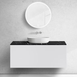 Zestaw Oltens Lun szafka podumywalkowa 120 cm wisząca z blatem Tera biały mat/czarny marmur 68705000