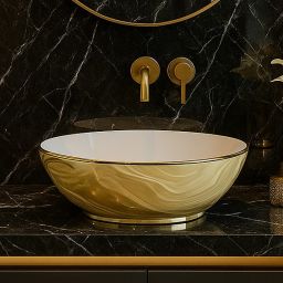 Aquavea Miel umywalka 37x29,5 cm owalna nablatowa biała-złota MIELBIA