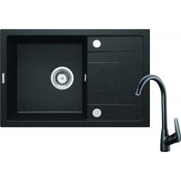 Deante Corio zlewozmywak granitowy 67x44 cm grafit mat z baterią kuchenną Boro czarny mat ZRCB2113