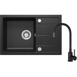 Deante Leda zlewozmywak granitowy 67x44 cm grafit mat z baterią kuchenną Luno czarny mat ZRDP2113
