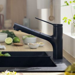 Hansgrohe Zesis M33 bateria kuchenna z wyciąganą wylewką stojąca czarny mat 74803670