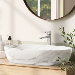 Invena Korfu umywalka 60x42 cm nablatowa owalna efekt marmuru szary beż CE-34-701