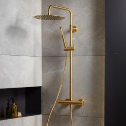 KFA Armatura Moza Gold zestaw prysznicowy ścienny termostatyczny z deszczownicą złoty szczotkowany 5736-920-31