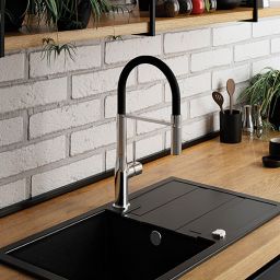 Laveo Pola bateria kuchenna stojąca z wylewką U czarna/chrom BAP778D