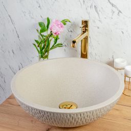 Laveo Amber umywalka 41 cm nablatowa okrągła granitowa beż VGR1421T